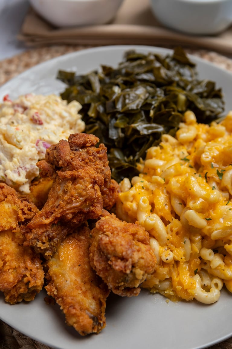 Delicious soul food classics spread on a table